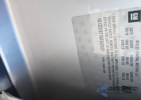 2016 Chevrolet Malibu 1Fl z USA, uszkodzony, nr VIN 1G1ZC5ST7GF292507